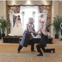 Couple battle medieval knights and ninjas in awesome wedding video