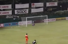 Singapore-based player scores volley from just inside opponents' half