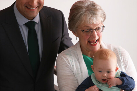 Taoiseach Leo Varadkar and Children's Minister Katherine Zappone with Saidhbhe O'Loughlin at the launch of the next phase of childcare supports starting next month.