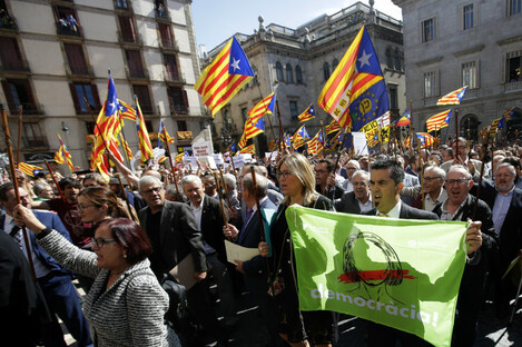 Catalan mayors under investigation gather outside the Generalitat Palace, to protest against the ruling by the constitutional court ahead of a planned independence referendum.