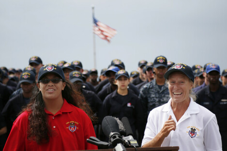 Jennifer Appel, right, and Tasha Fuiava speak on the deck of the USS Ashland.