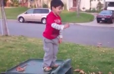 Little kid fails spectacularly at jumping into leaves