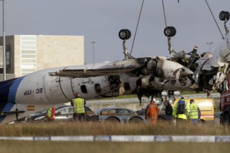 The wreckage of the Manx2 plane on 11 February, 2011.