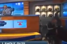 College football analyst falls off chair on TV studio set