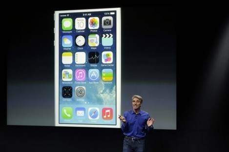 Craig Federighi, senior vice president of Software Engineering at Apple, speaks about the new iOS 7 release in Cupertino, today.