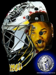 Ice hockey goalkeeper wears this custom-made 'Fresh Prince' mask