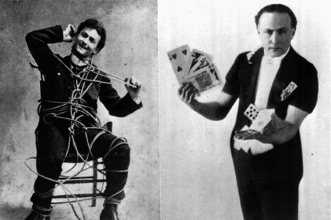 Undated images of Harry Houdini performing a rope escape and card tricks.