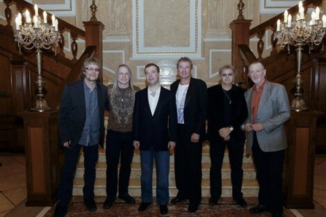 A very happy Russian President, Dmitry Medvedev, poses with members of the British rock band Deep Purple.