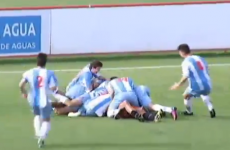 Keeper comes up for late corner, scores a bicycle kick