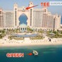 Pro golfers hit golf balls onto a floating green from the 22nd floor of a Dubai hotel