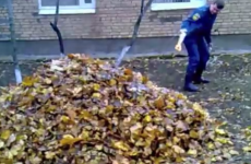Russian cop creates explosion with a pile of leaves