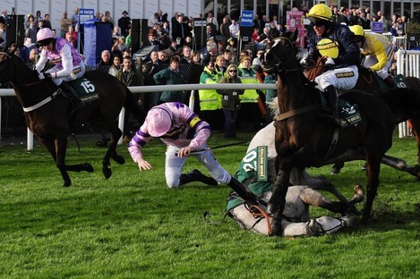 Ruby Walsh takes a tumble from Sire Collonges at the final hurdle in the Silver Cross Hurdle Race at Aintree today.