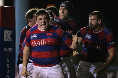 Tadhg Furlong celebrates after Clontarf are awarded a penalty try against UCD.