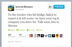 Irish Rail tweets that they're coming for the truck driver who hit a bridge