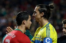 This split-screen video shows Zlatan and Ronaldo react to each other's goals