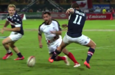 Rugby player breaks out soccer dribble to set up class try