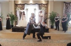 Couple battle medieval knights and ninjas in awesome wedding video