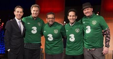 Sign 'em up! Anchorman cast don Ireland jerseys on Late Late set