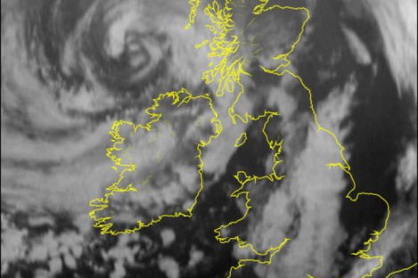 A satellite image of Ireland at 6am shows the stormy conditions at play over the country.