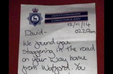 Police leave loving note for drunken man they brought home