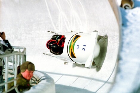 The Jamaican bobsled team on the track at the Olympics in Lillehammer in Norway in 1994. 