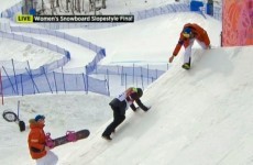 Olympic snowboarder tries to climb back up the hill after a false start, fails in hilarious fashion