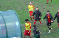 Player celebrates goal with running headbutt into dugout