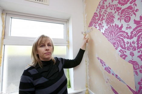Suzanne Byrne of Dunshaughlin Co Meath demonstrates the damage caused to her home by pyrite.