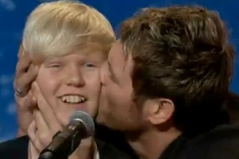 Brian McFadden plants a smacker on Jack 'Baby Bieber' Vidgen at his audition