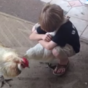 Little boy gives chicken a great big hug