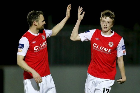 Chris Forrester celebrates his goal with Conan Byrne.