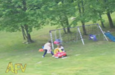 Heroic dad belts downhill to save daughter from speeding toy car