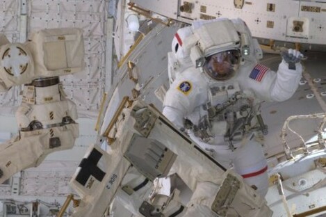NASA astronaut Drew Feustel during a spacewalk on 20 May 2011 during Endeavour's mission to the ISS.