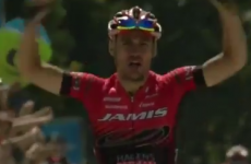 Cyclist celebrates winning stage...one lap too early