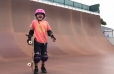 Little girl pulls off a fancy skateboarding trick for the first time, freaks out