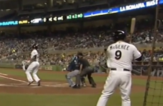Ouch! Ouch! Ouch! Broken baseball bat flies into player waiting behind the plate