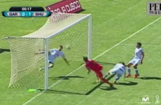 It took a bicycle kick to end this mad goal-mouth scramble after the bar was hit THREE times