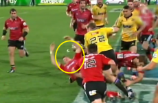 Colin Slade and his mouthguard sent flying as Hadleigh Parkes goes on the rampage