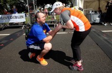 A runner proposed at the finish line of the Dublin Half Marathon