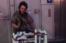 Busker plays amazing medley using flip flops, some PVC pipe