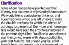 Metro Herald have excellently apologised for yesterday's horoscope gaffe