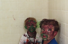 Two little kids get covered in paint, try desperately to pretend nothing is different