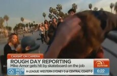 Reporter takes flying skateboard to back of the head on live TV