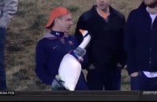 American football commentators completely crack up as guy sings to a fake goose