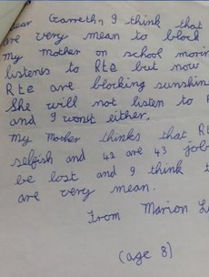 This 8-year-old wrote to the Taoiseach in 1984 because RTÉ was 'mean to block sunshine'