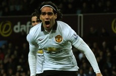 Falcao celebrated wildly after powering home a header for Man United