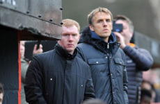 When duty calls: Scholes and Neville took temporary charge of Salford this afternoon