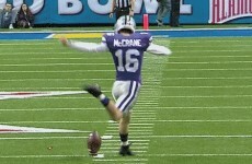 Kansas State's kicker attempts a rabona at the Alamo Bowl