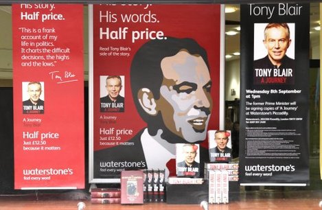 The Waterstone's book store window in Picadilly where Blair was due to sign books this week.
