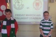 These 6th class students have a little wager on the Rovers v Pat's league opener